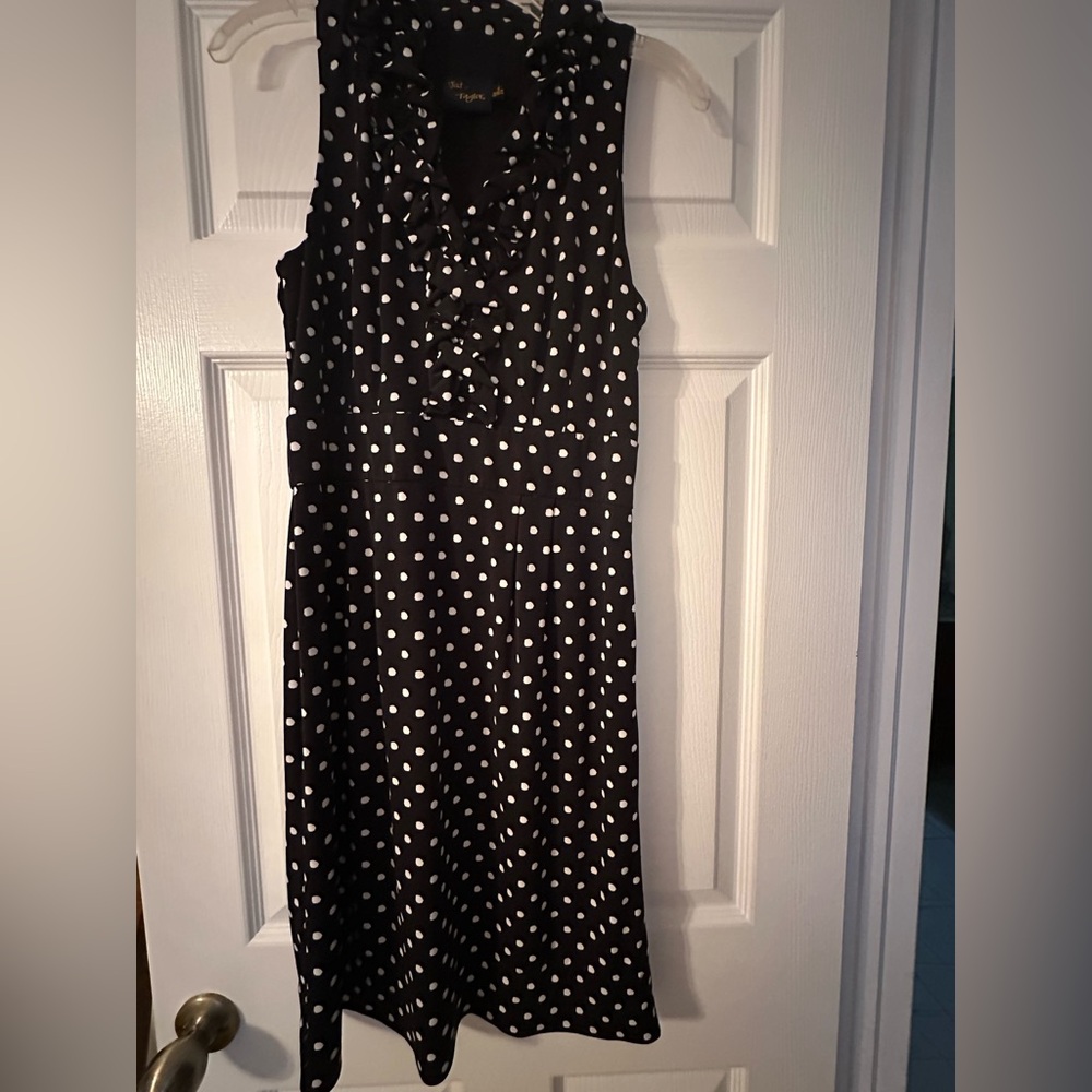 Taylor Black and White Polka Dotted & Ruffled Sleeveless Dress